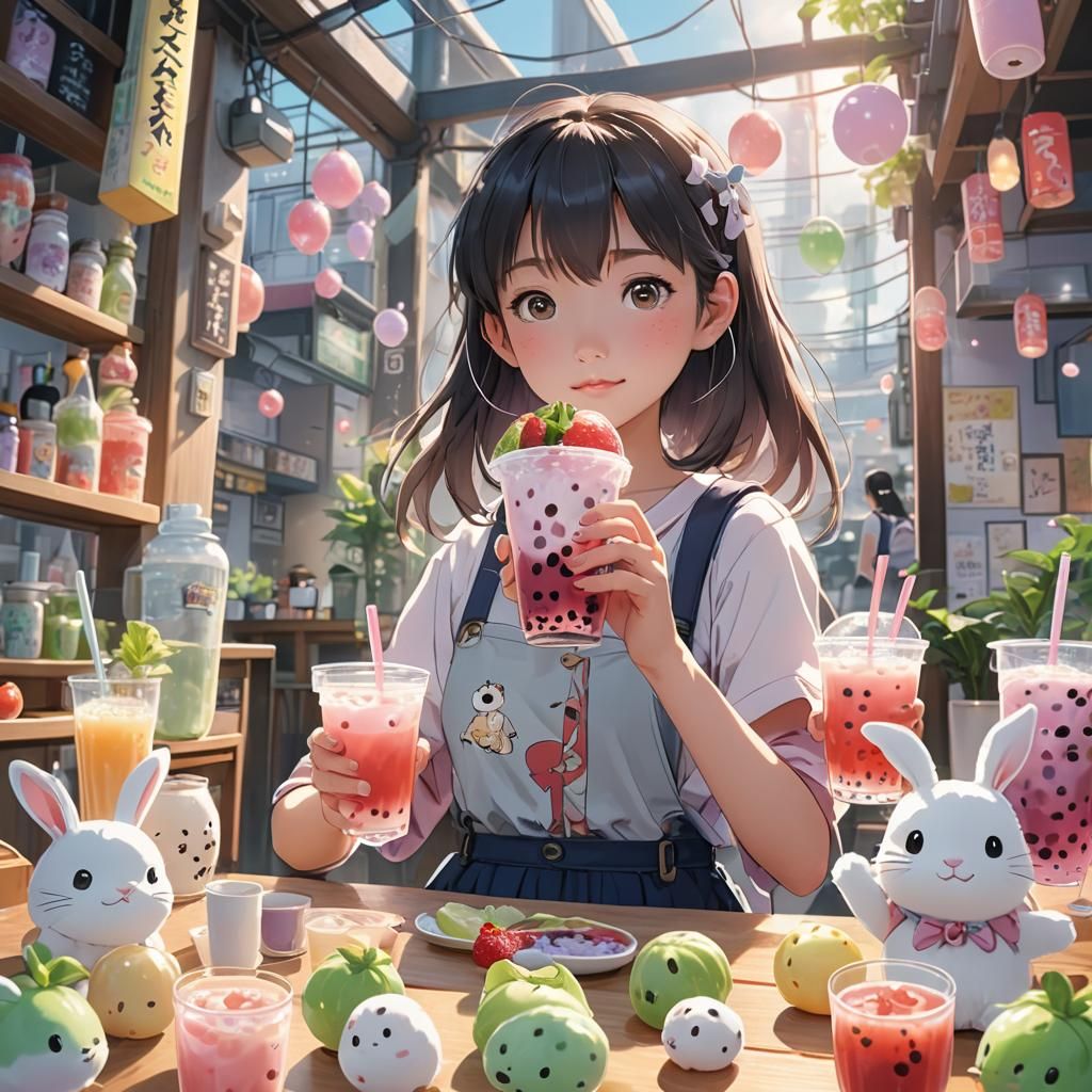 Anime Girl with Bubble Tea, Dreamy Key Visual