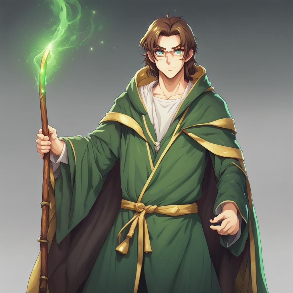 Anime Wizard with Staff in Green and Gold Robes