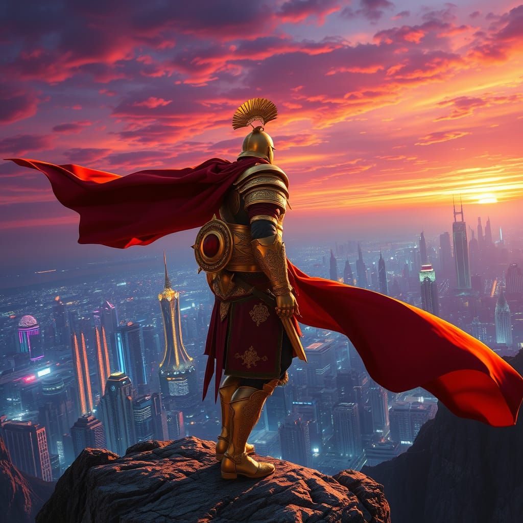 Cyberpunk Warrior Gazing Upon a Futuristic Metropolis
