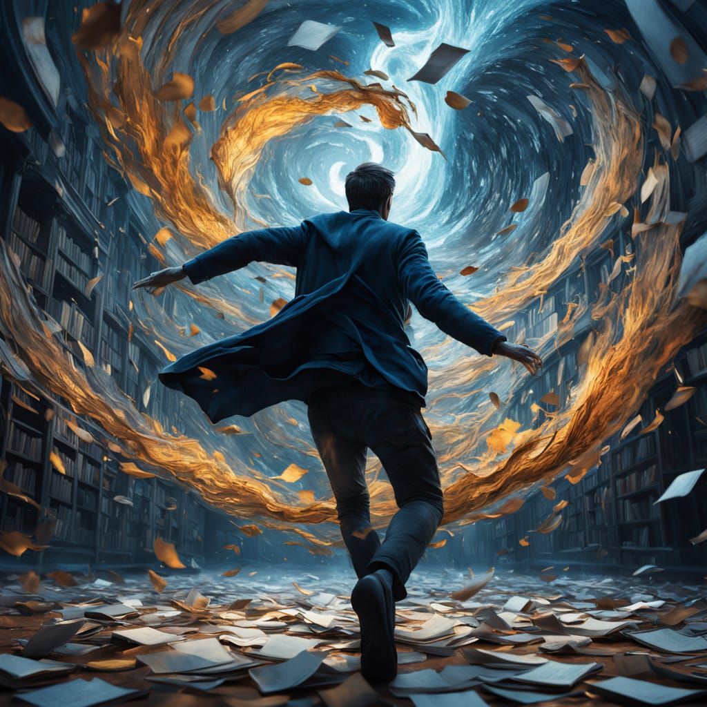 Whimsical Digital Art of a Person Surrounded by Swirling Boo...