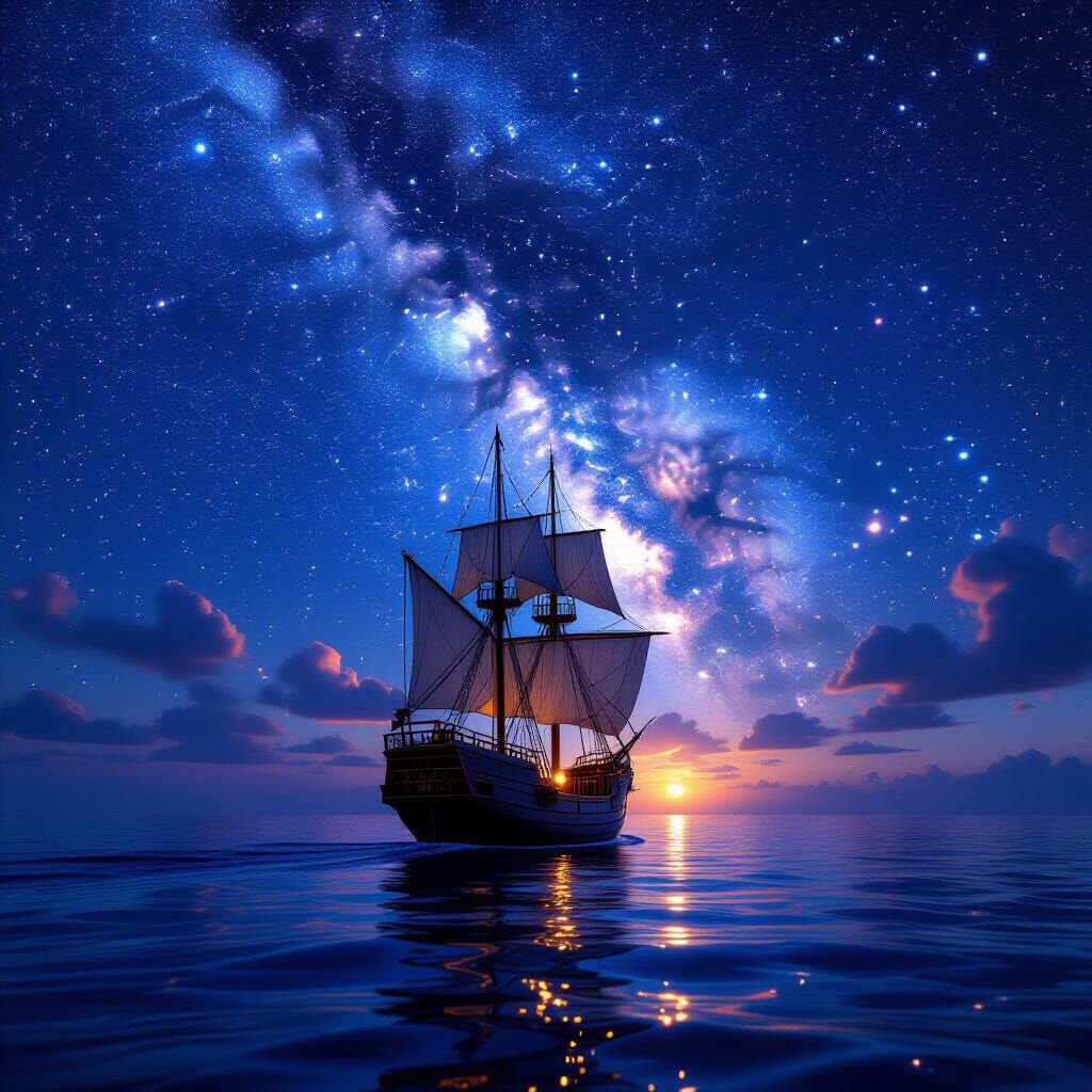 Age of Sail Galleon Under Starry Milky Way