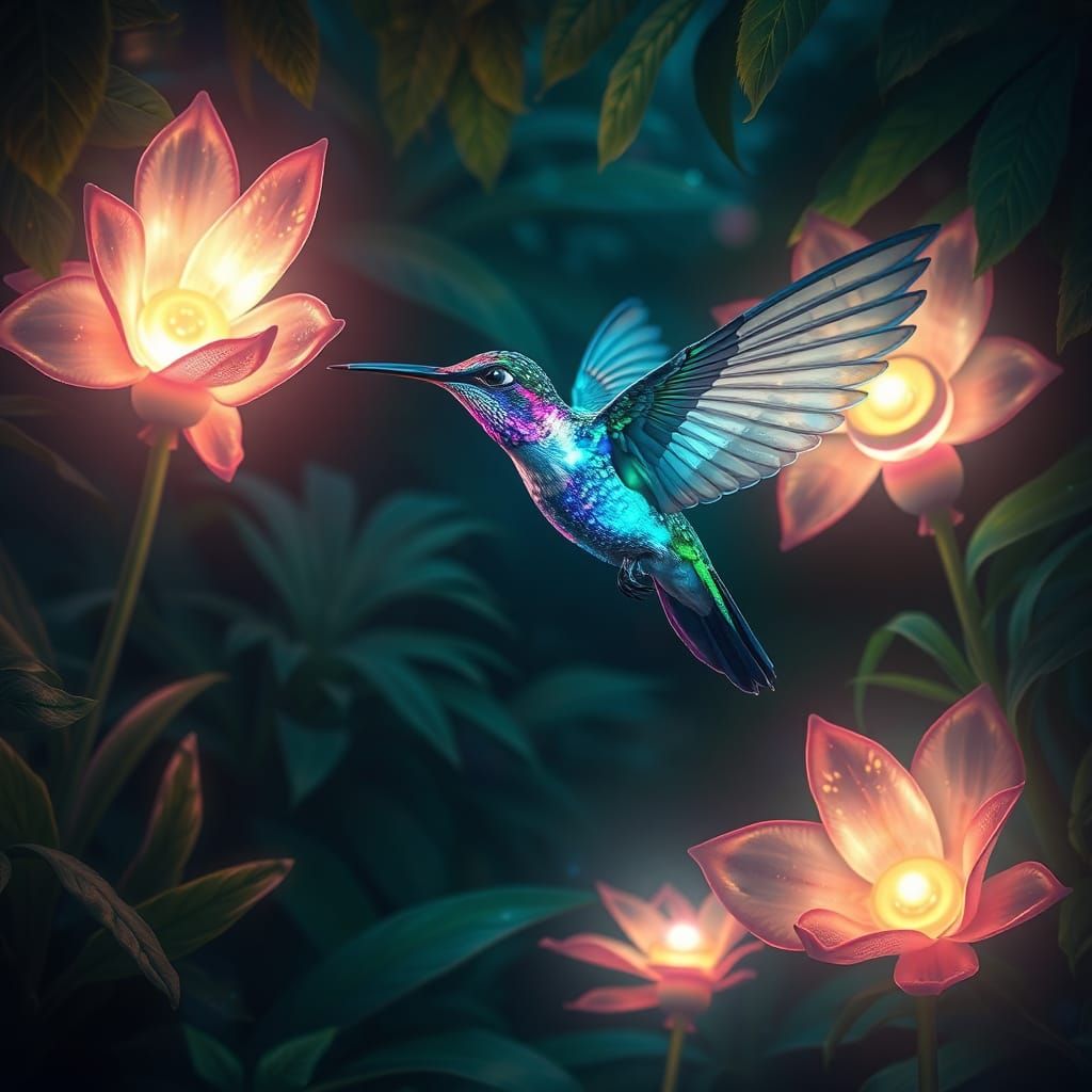 Bioluminescent Hummingbird in Alien Jungle Clearing