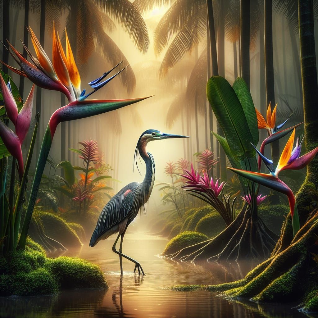 Agami Heron in Tropical Paradise: Hyperrealistic HDR Scene