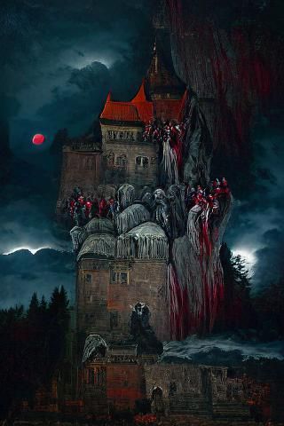 Dracula's Castle Under Blood Moon in Gothic Horror Style