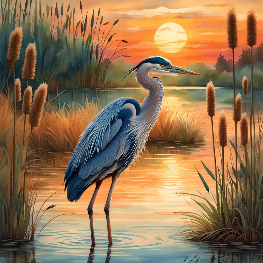 Blue Heron in Cattails: Detailed Paper Collage Art