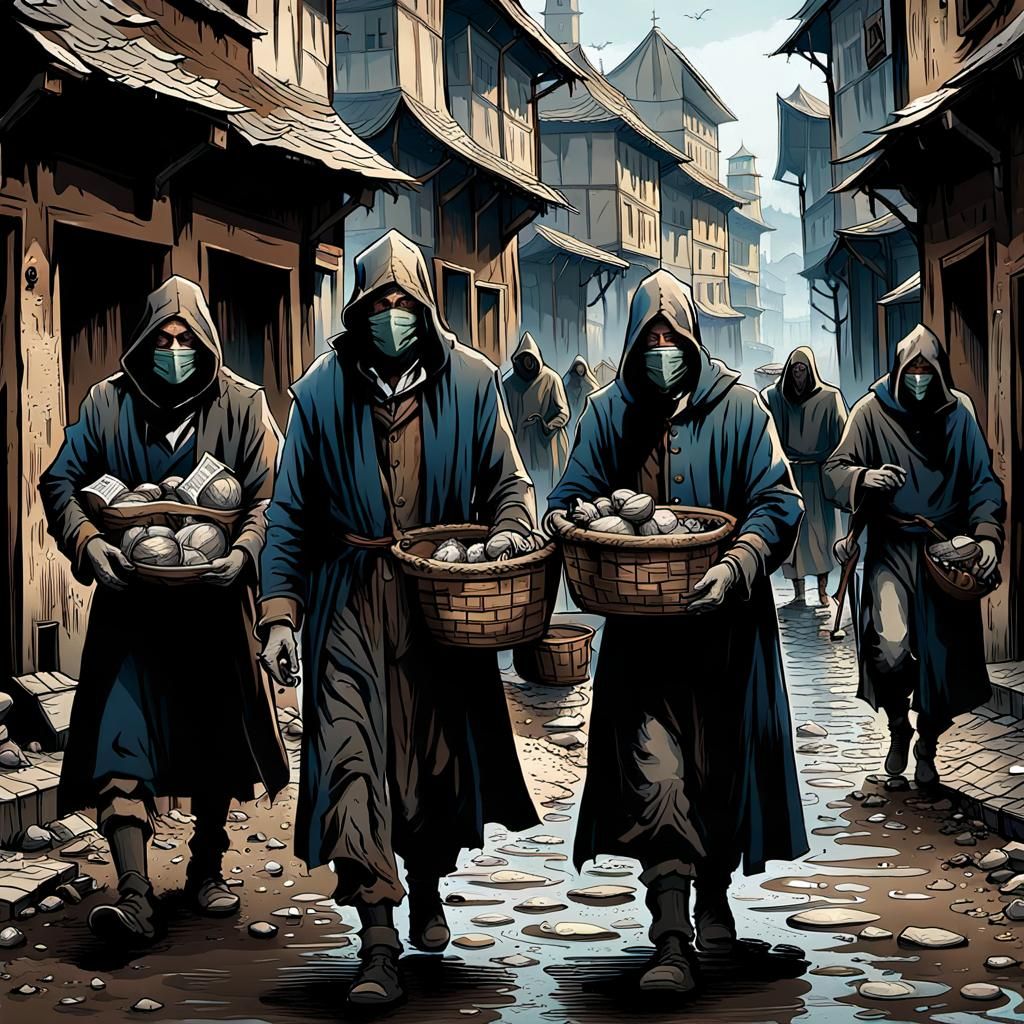 Gloomy Medieval City Scene with Plague Victims