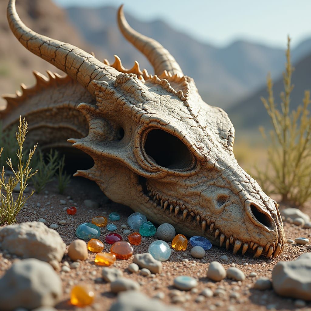 Dragon Skull in Badlands with Gems and Treasure