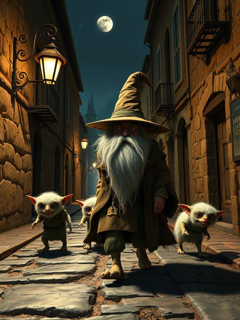 Fluffy Gandalf Gremlin Walks Desert Street at Night