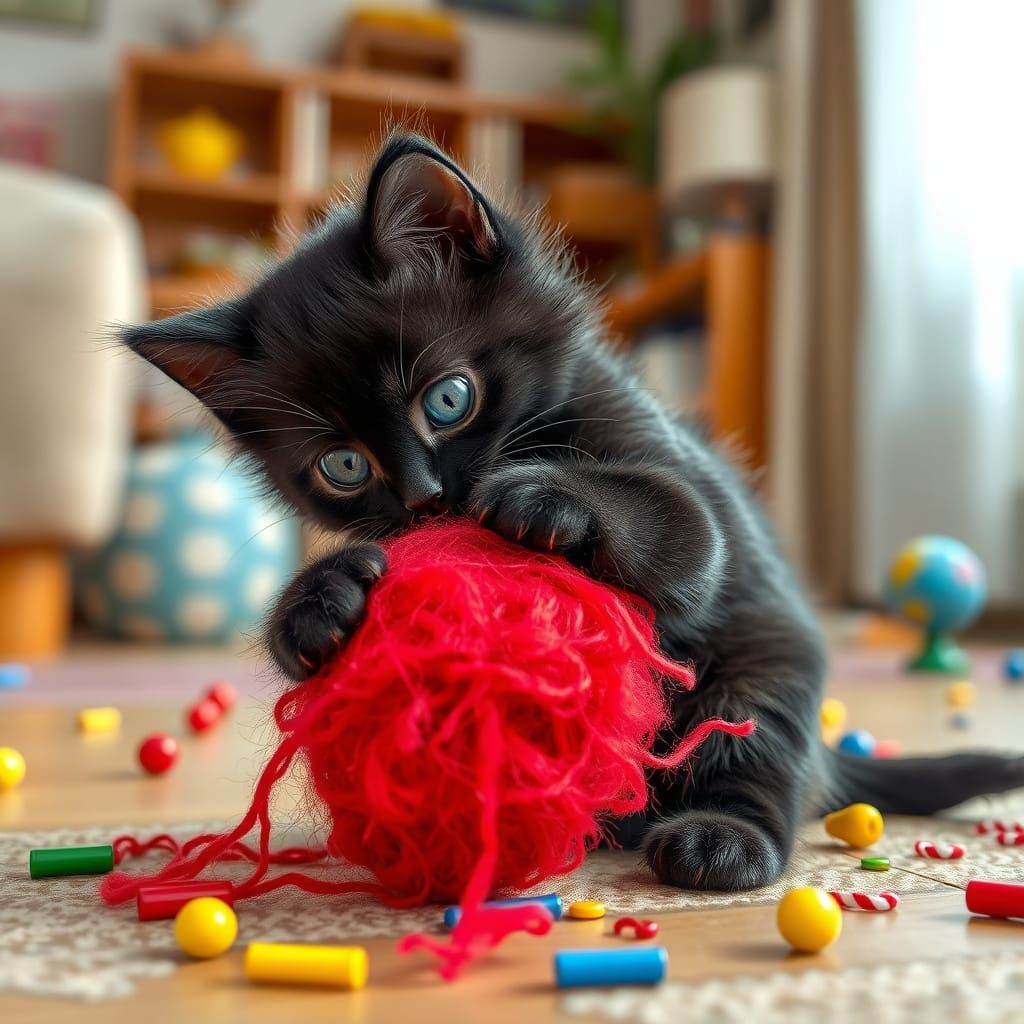 Whimsical Black Kitten Plays with Red Ball in Joyful Living ...