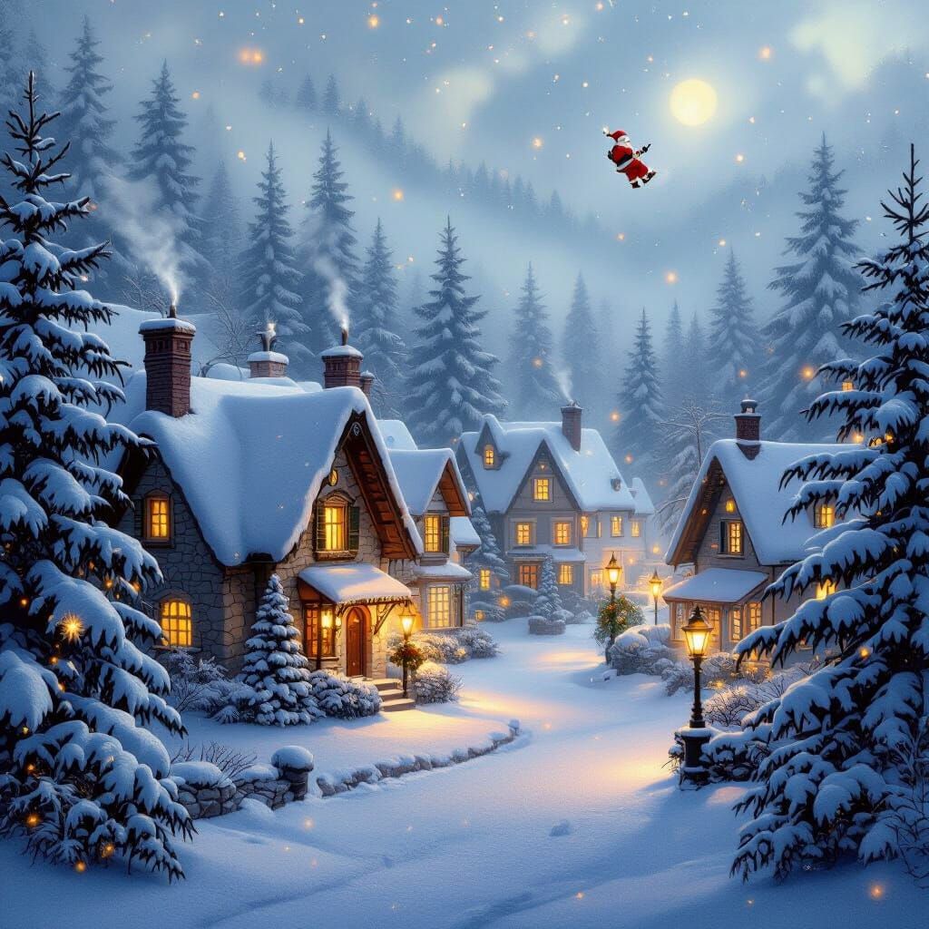 Ethereal Christmas Village with Santa in Distant Sky