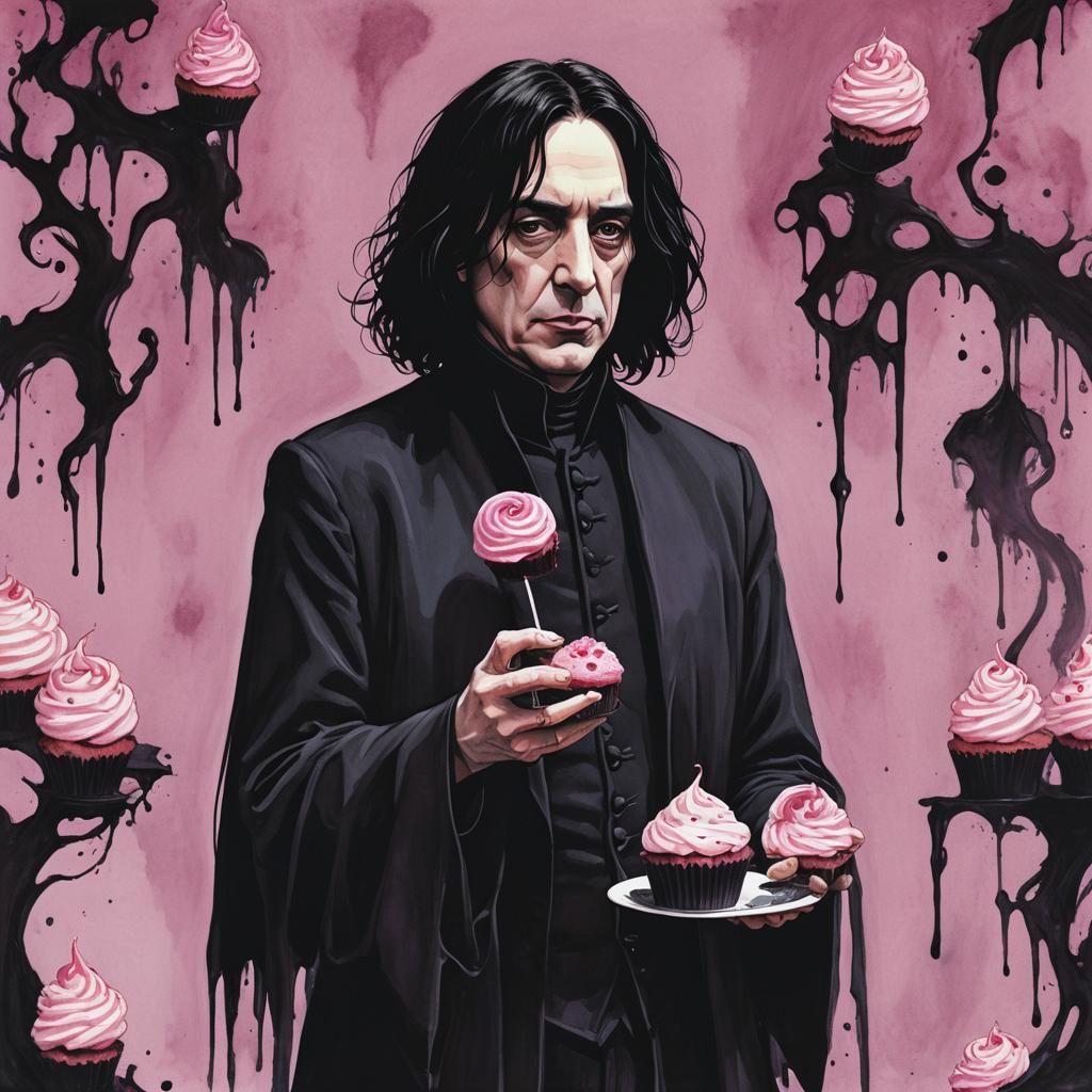 Tim Burton-Inspired Portrait of Severus Snape with a Pink Cu...