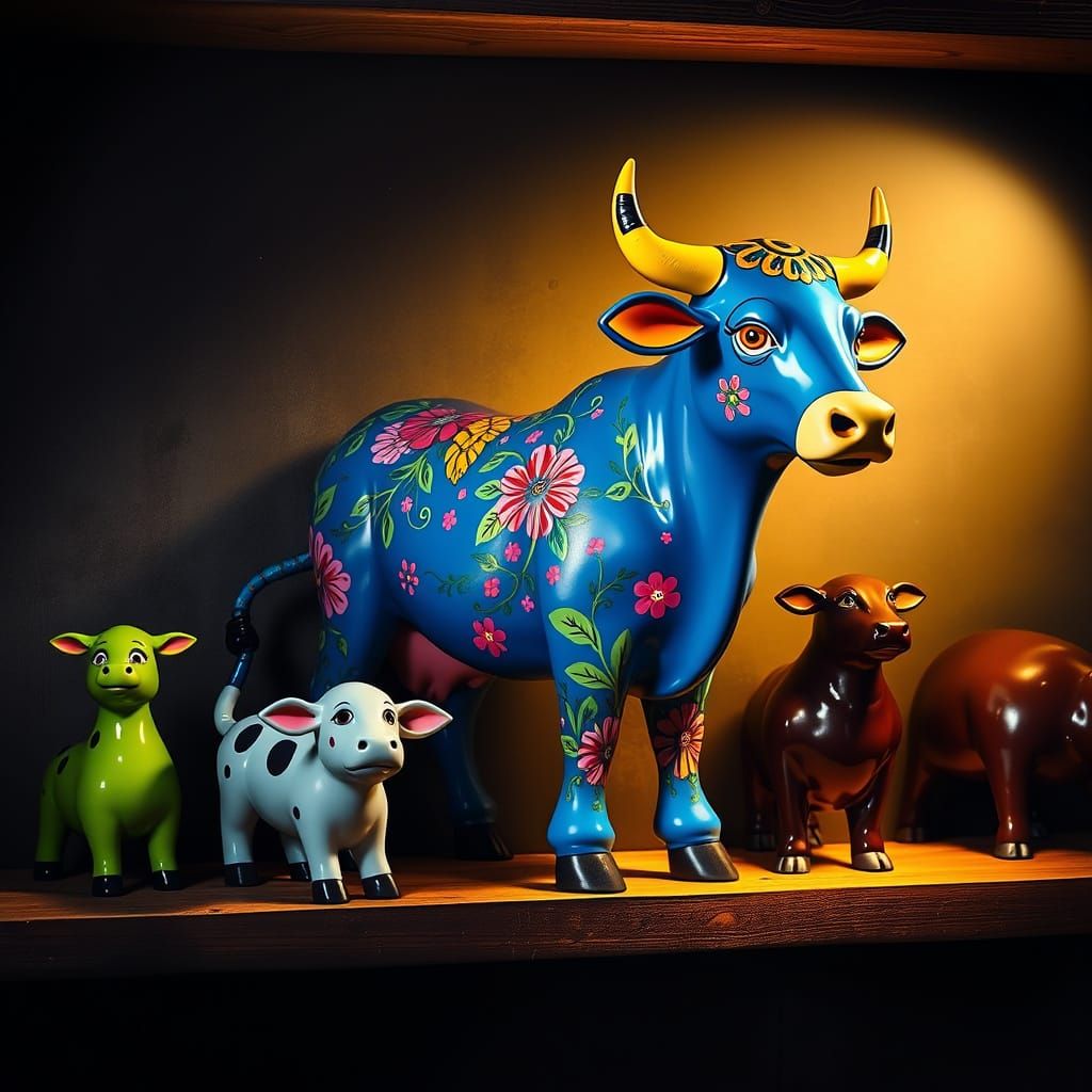 Whimsical Decorative Cows in Folk-Art Style