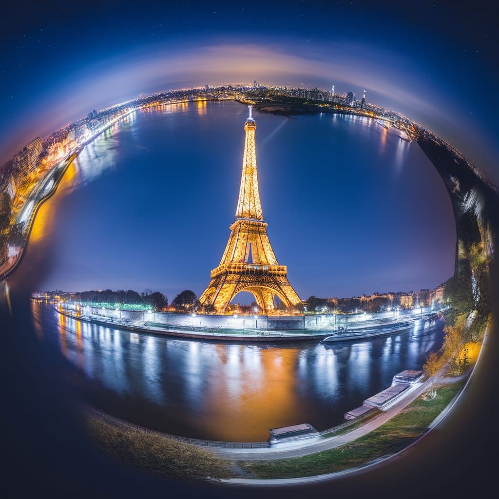 360-Degree View of Eiffel Tower at Night with City Lights