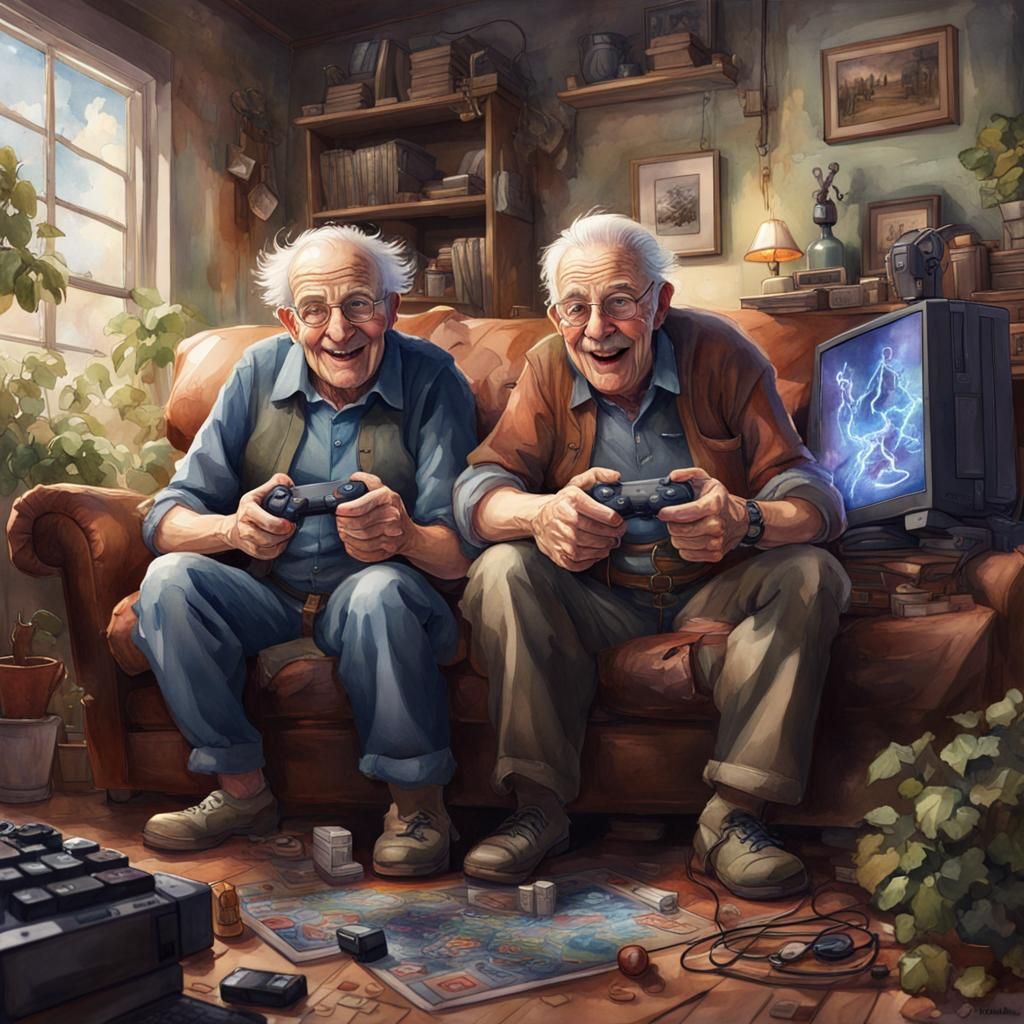 two elderly friends joking while playing video games ๐ฎ