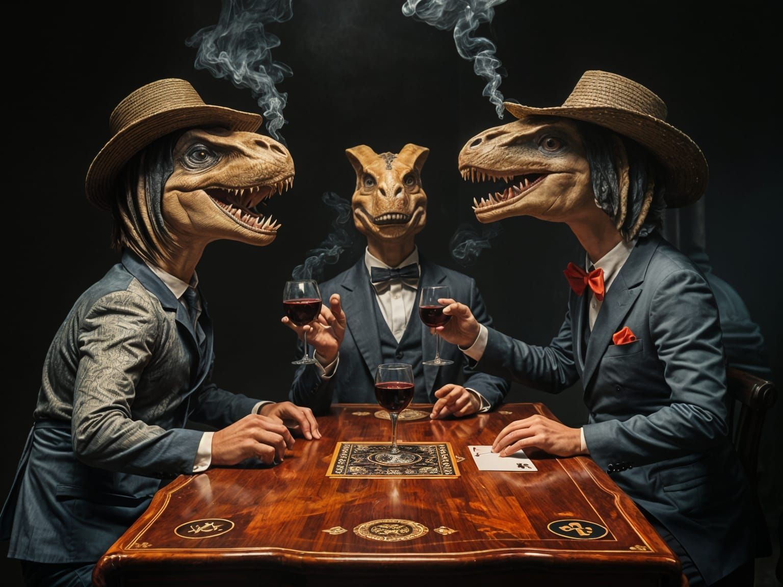 Dinosaurs Playing Cards, Drinking Wine and Smoking