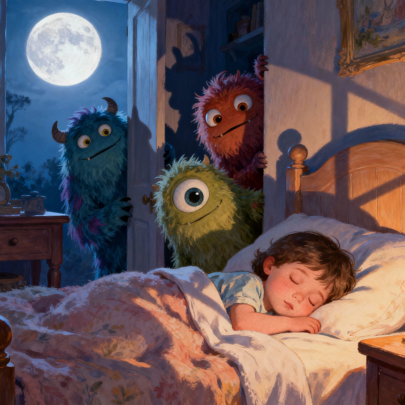 Child Sleeping Peacefully with Whimsical Monsters