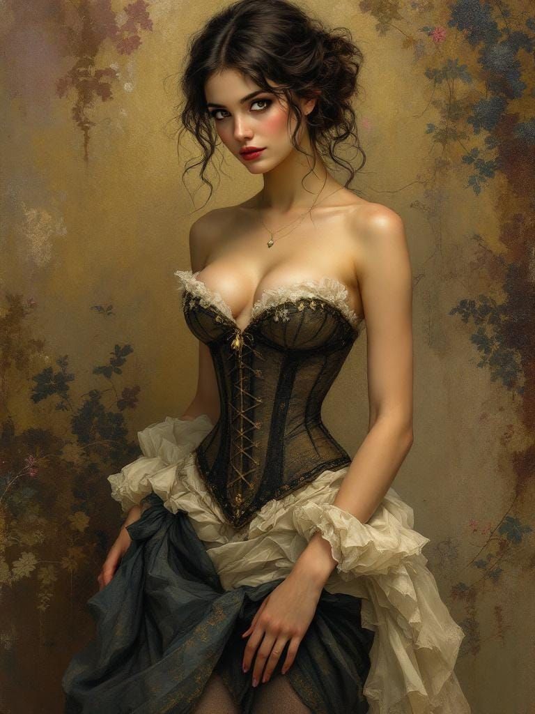 Brunette in Corset, Art Nouveau Oil Painting