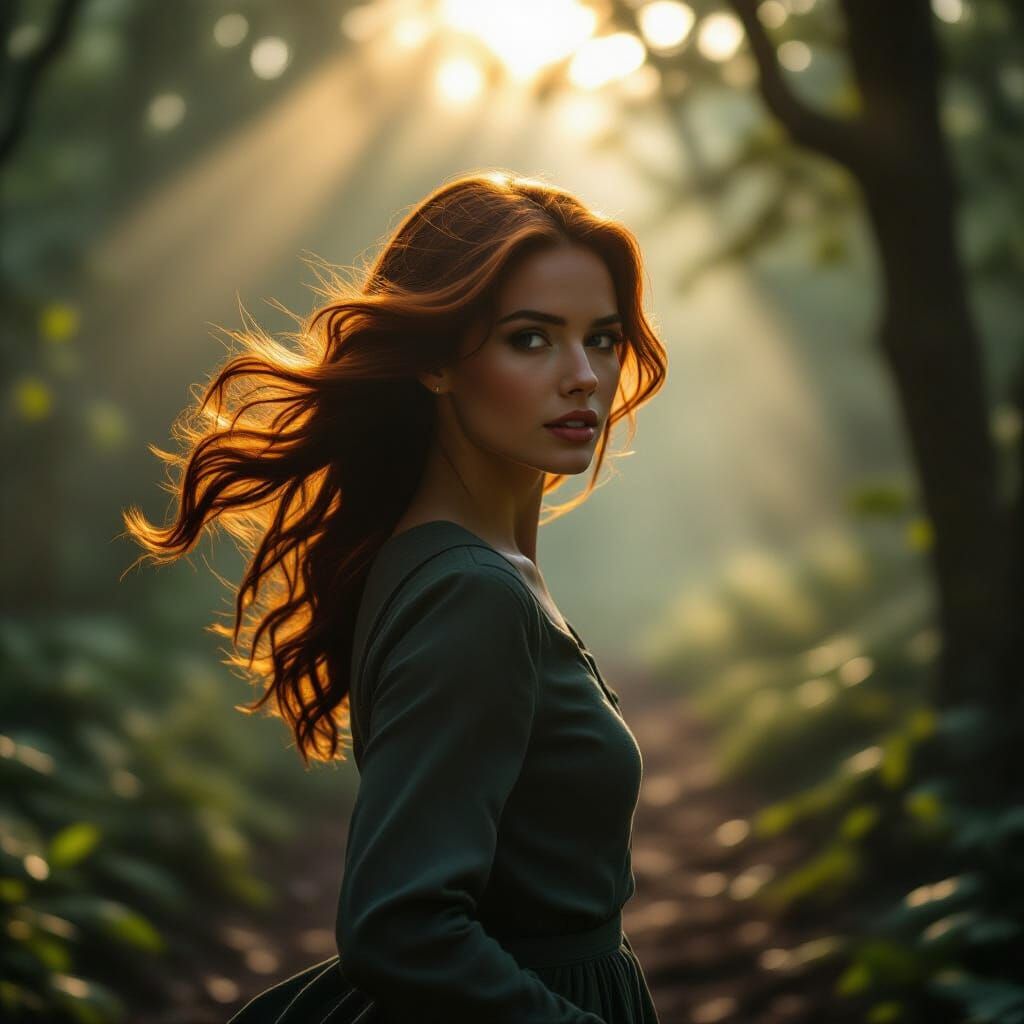 Woman Running Through Misty Forest - Cinematic Film Still