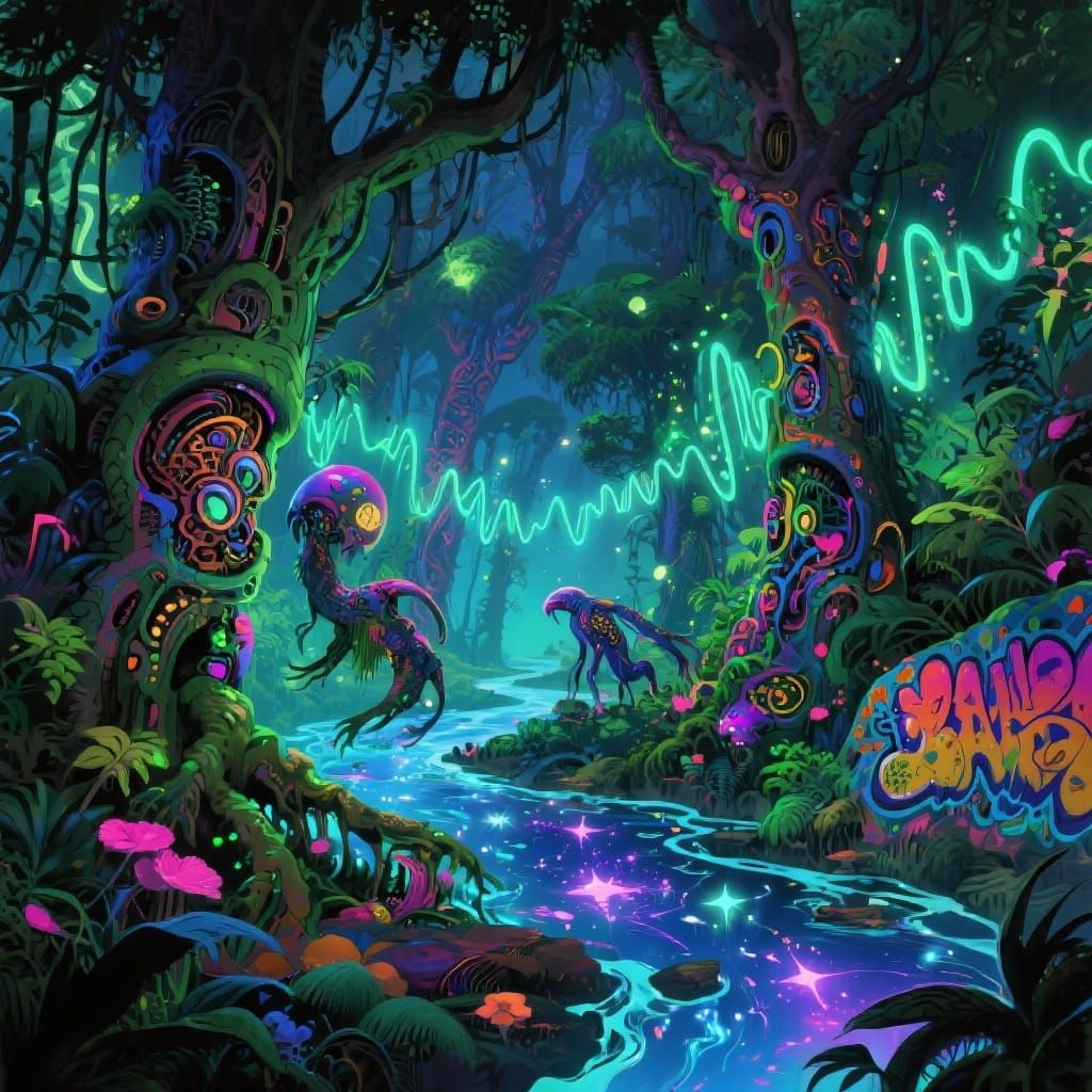 Bioluminescent Jungle With Sound Wave Trees