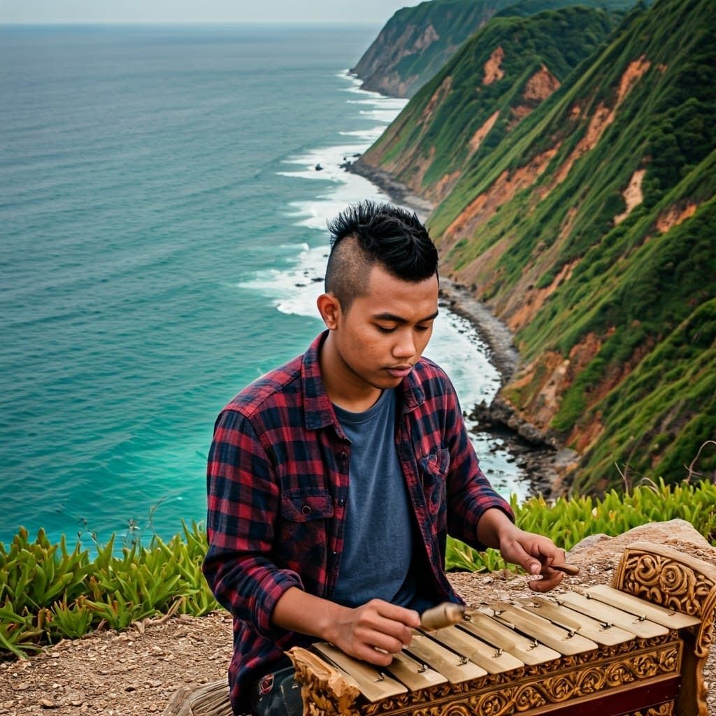 Indonesian Musician Plays Gamelan with Scenic Backdrop