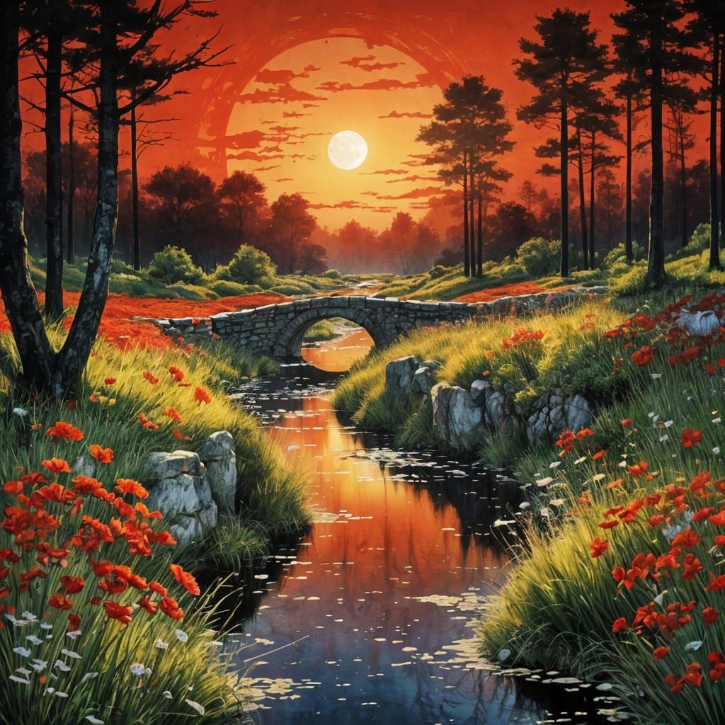 Dramatic Fire Red Eclipse Over Stone Bridge