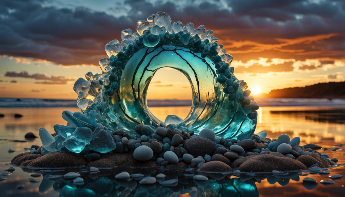 Fragmented Sea Glass Sculpture of Mythical Wave at Sunset