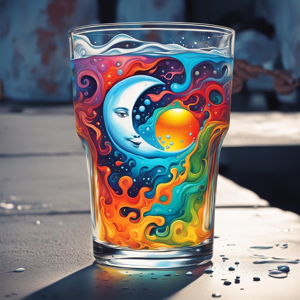 Sun and Moon Reflected in Water Glass: Graffiti Art