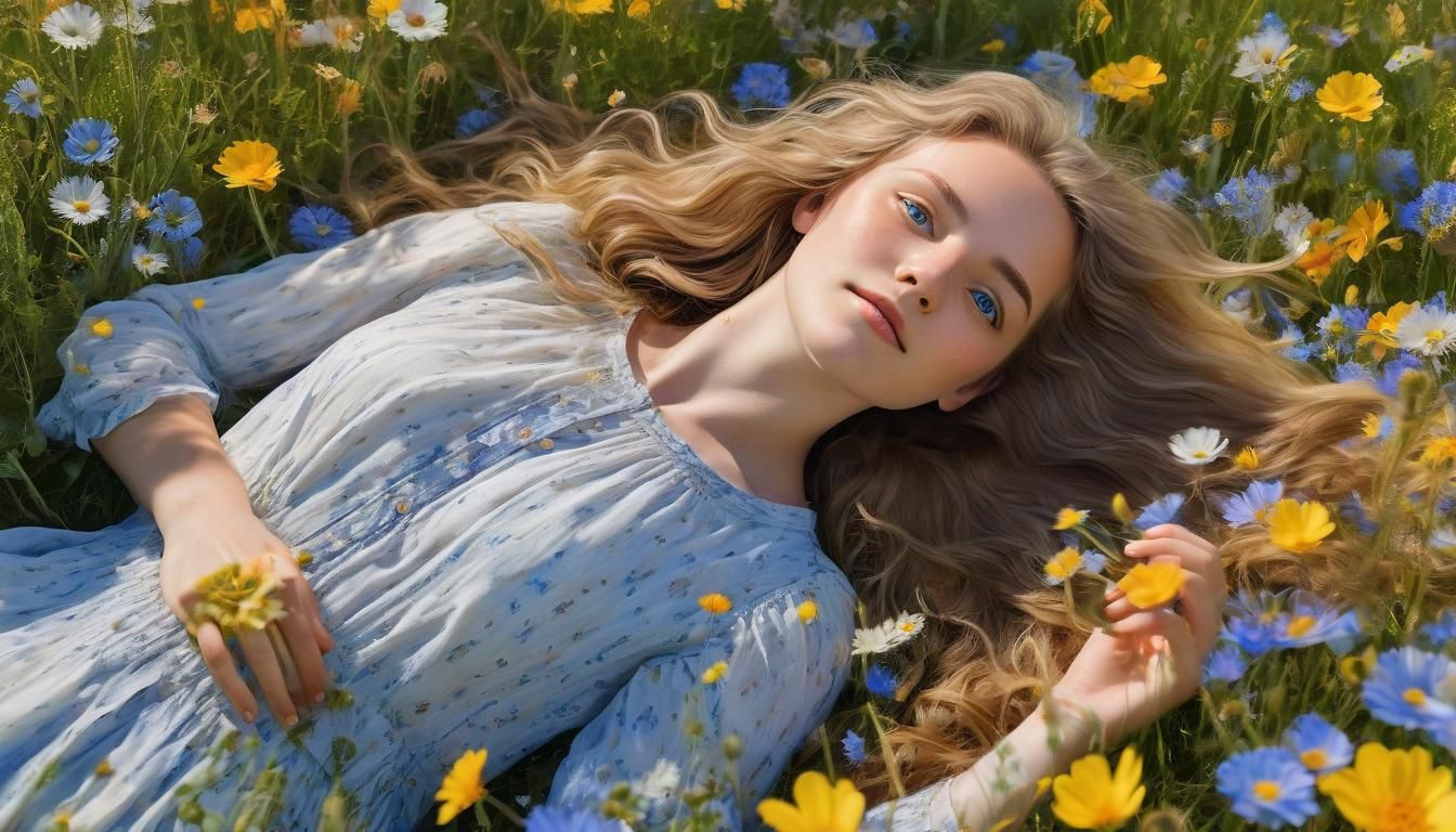 Girl in Flower Field: Pre-Raphaelite Style Portrait