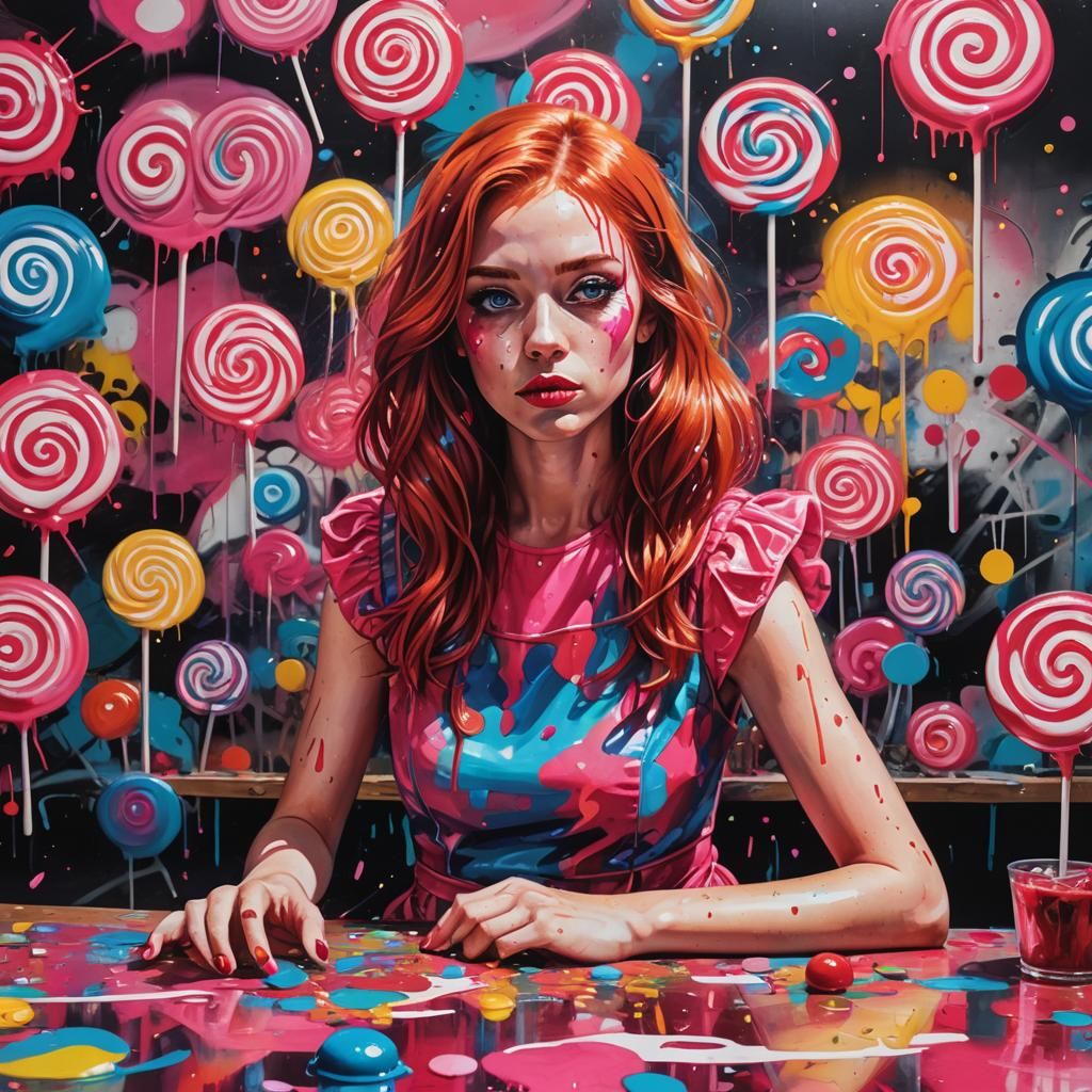 Girl in Lollipop Shop: Vibrant Graffiti Street Art