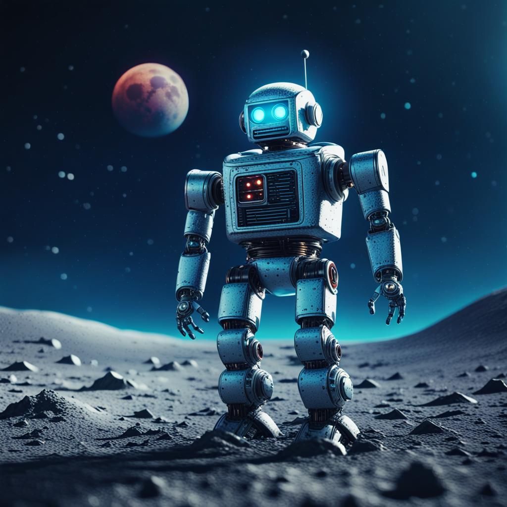 Robot on the Moon in Retro Futurism Style
