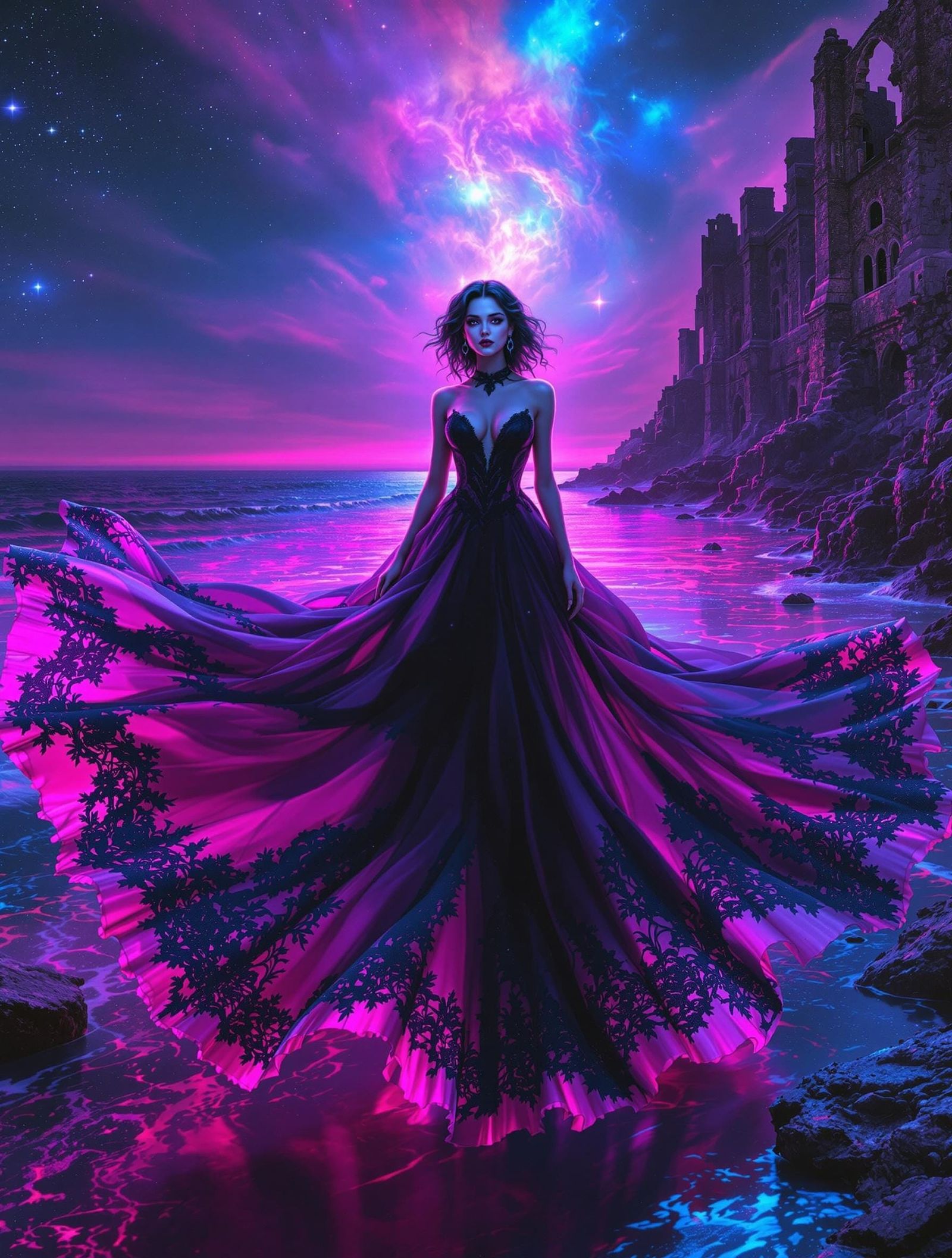 Ethereal Gothic Dreamscapes in Vibrant Vaporwave Colors