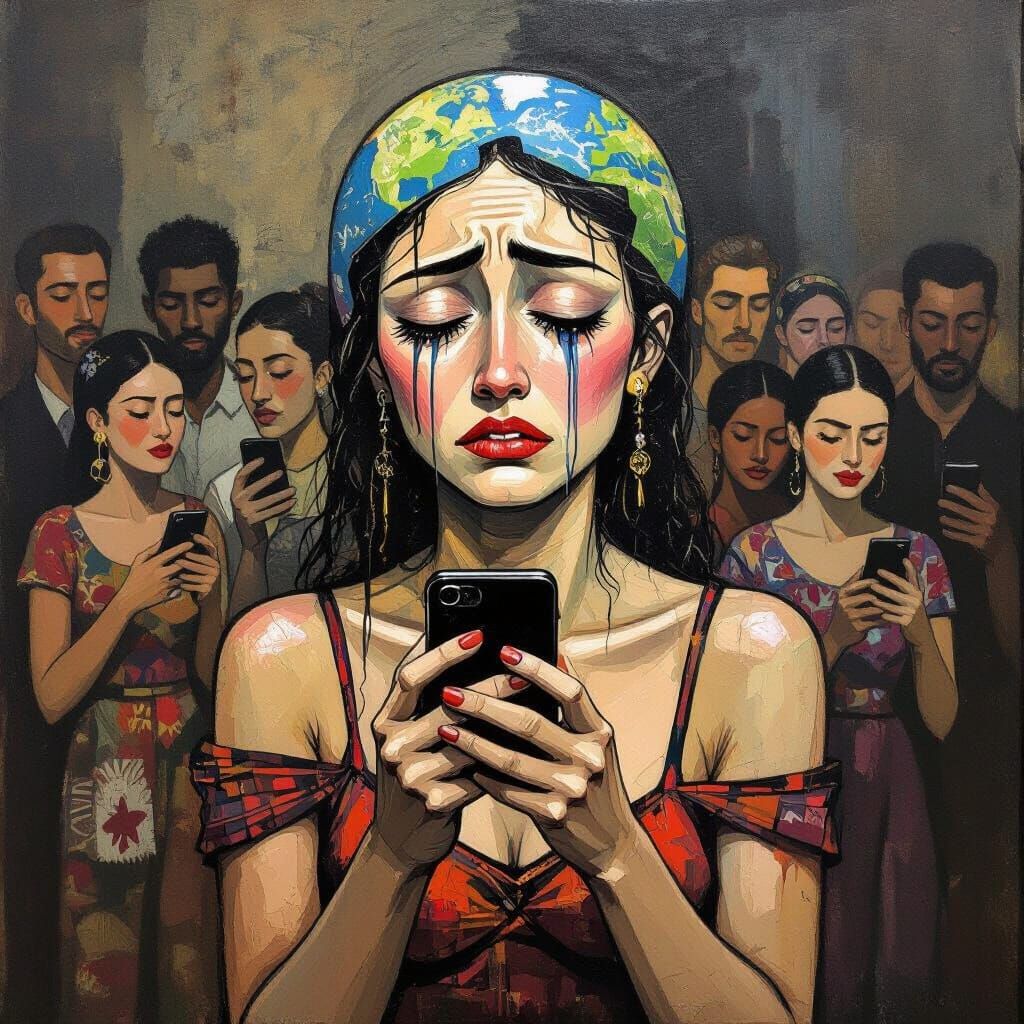 Distraught Earth Embodied as Crying Woman: Expressionist Ske...