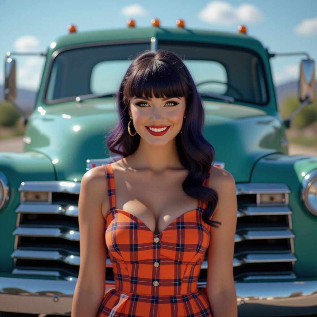 Woman in Plaid Dress Poses by Fifties Truck