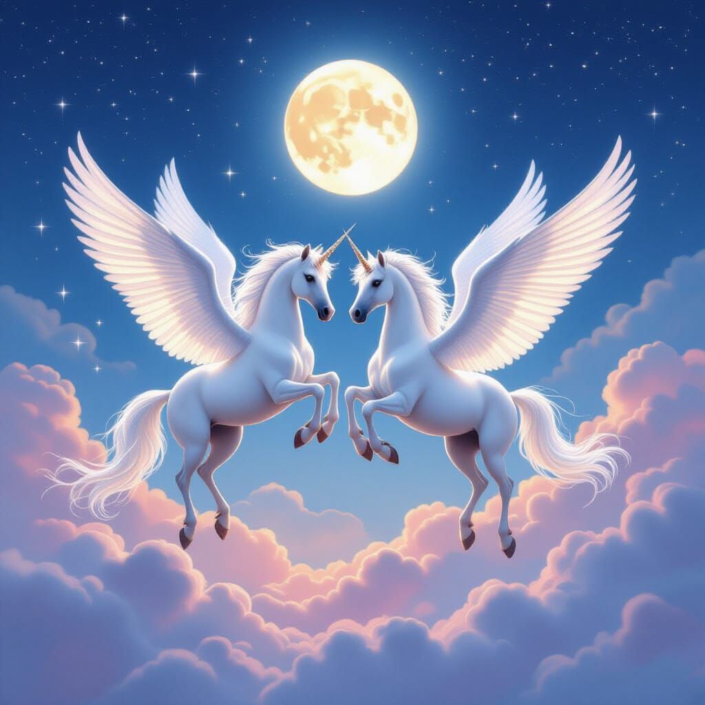 Elegant Pegasi Dance in Moonlit Sky
