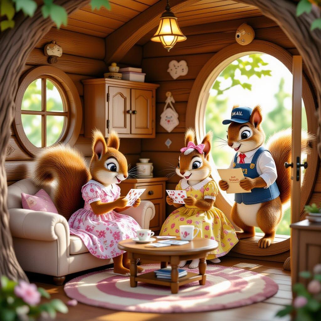 Cozy Treehouse Scene with Squirrels in Storybook Style