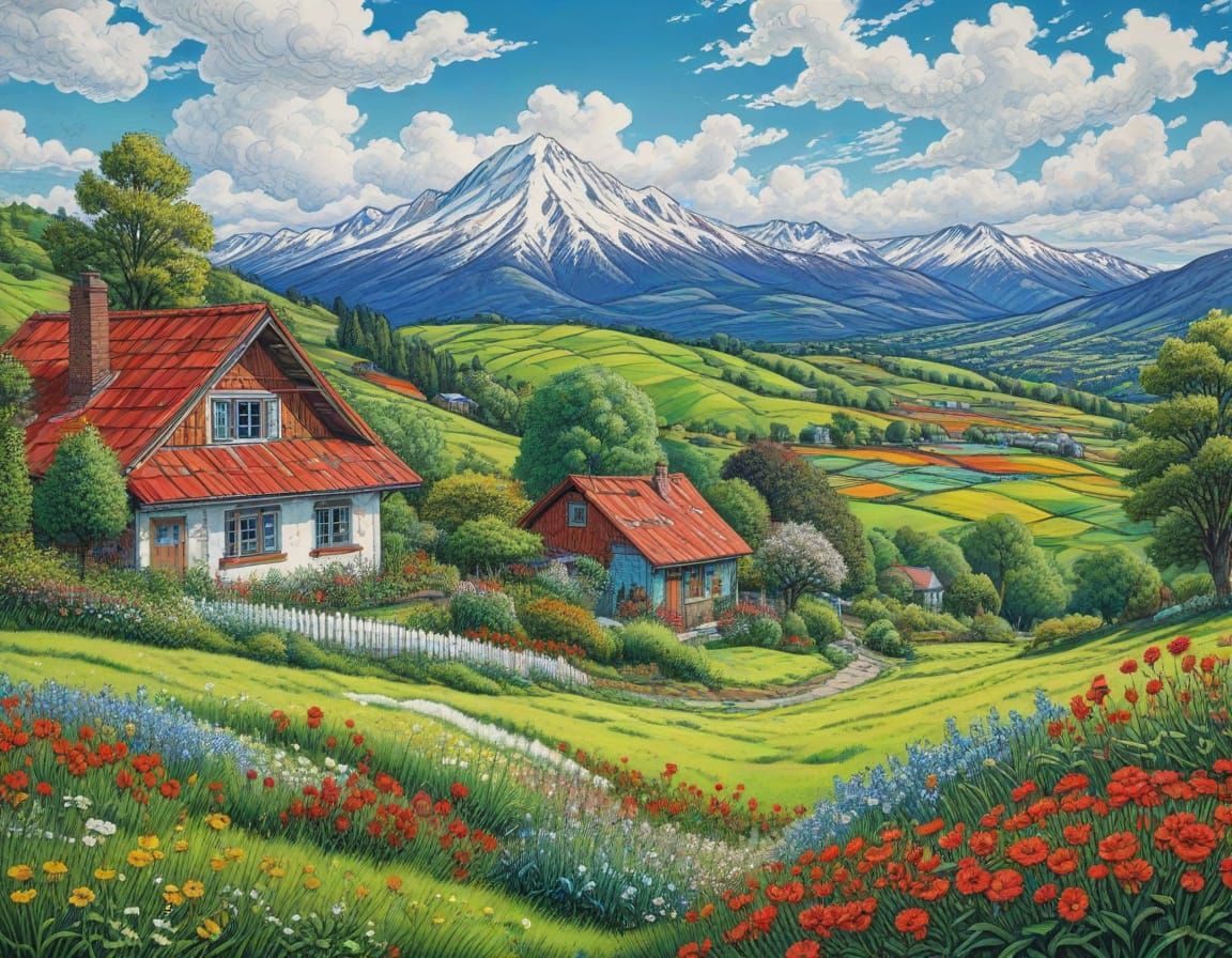 Vibrant Rural Landscape with Cozy House and Green Meadow