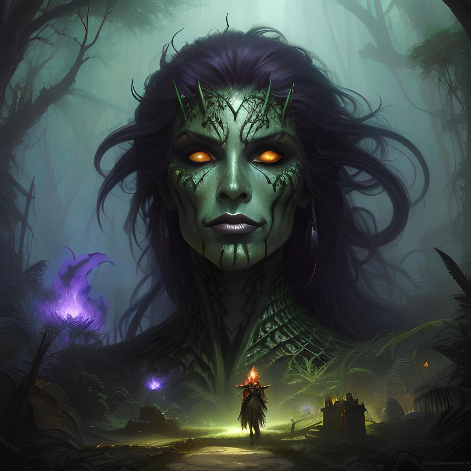 Eerie Demon Portrait in Jungle Ruins