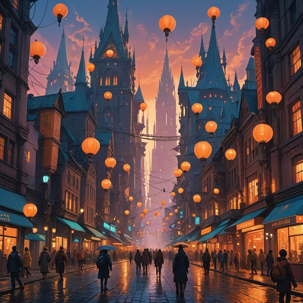 Fantasy Cityscape with Neon Lights in Matte Painting Style