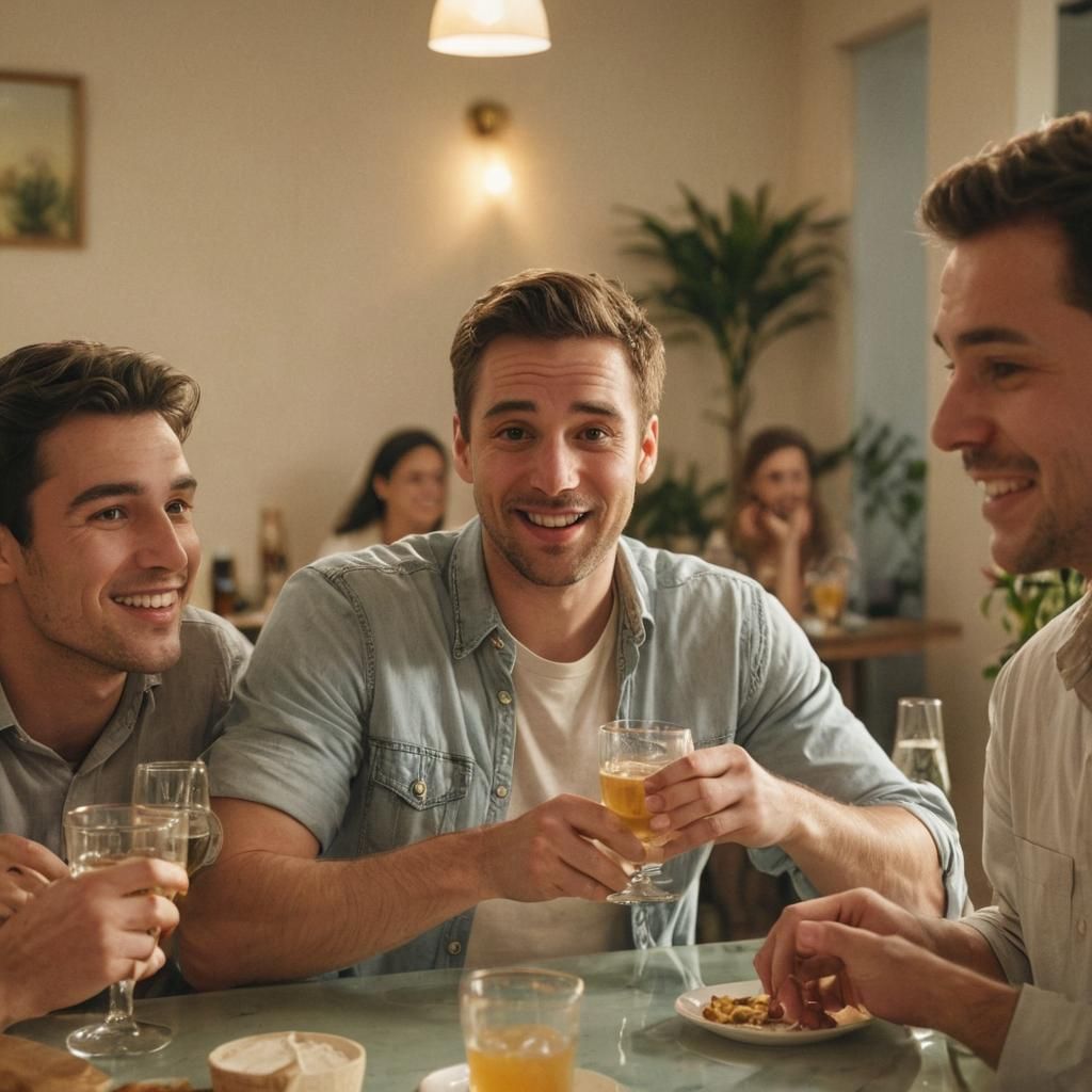 Man Laughing with Friends in Golden Hour Lighting