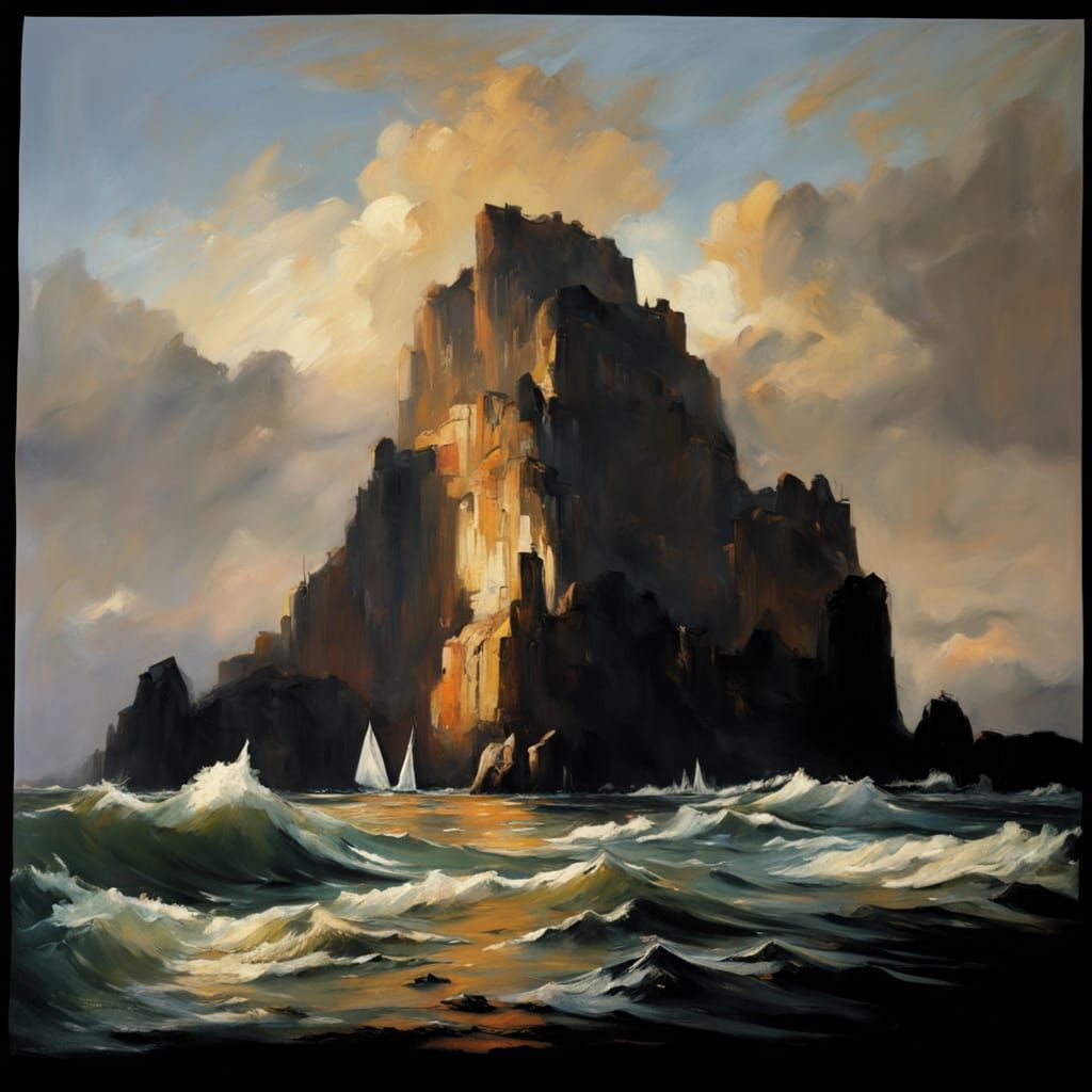 Impressionist Oil Painting of Desolate Island in Stormy Sea