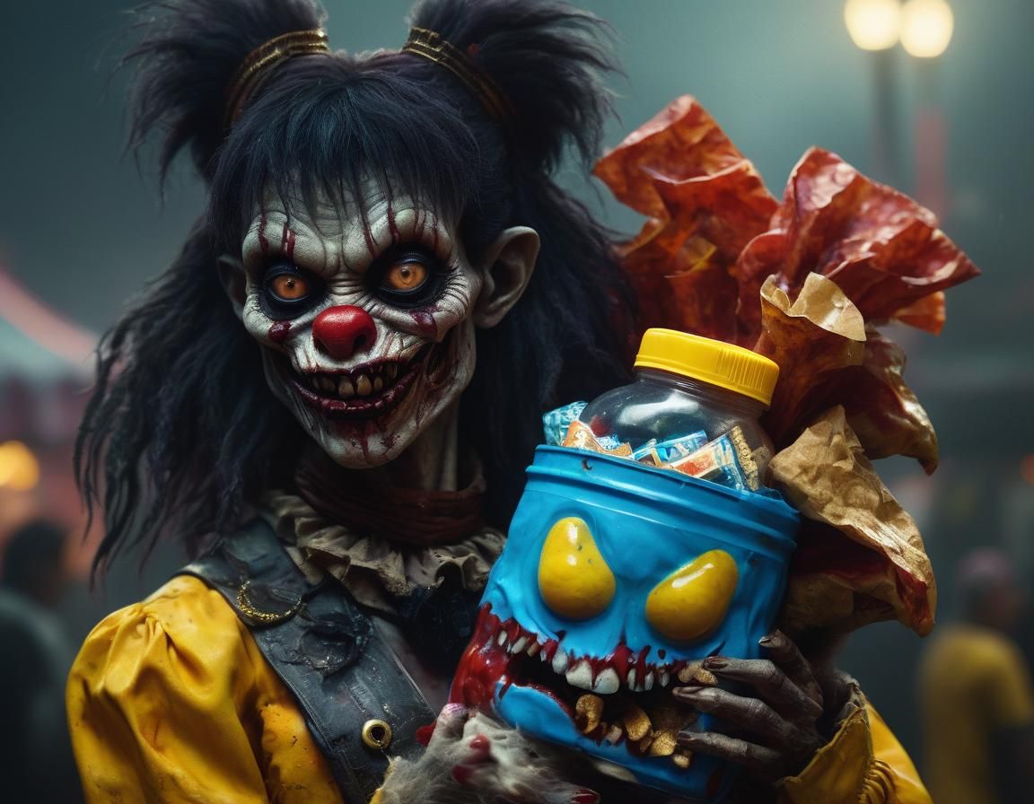 Zombie Clown with Snacks: Hyper-Realistic Carnival Art