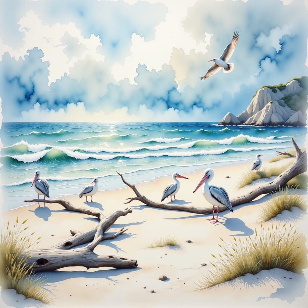 Dreamlike Coastal Scene in Ethereal Watercolor Style