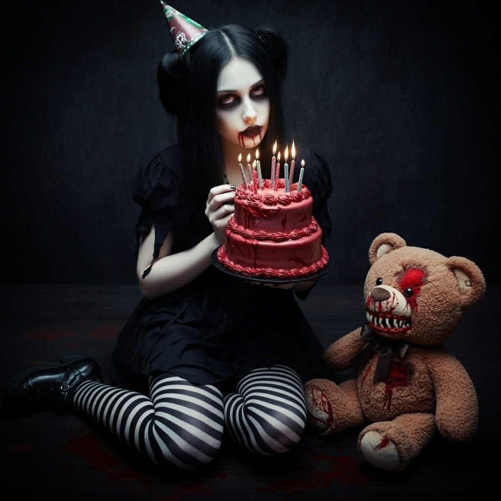 Dark Gothic Beauty Devours Bloody Birthday Cake
