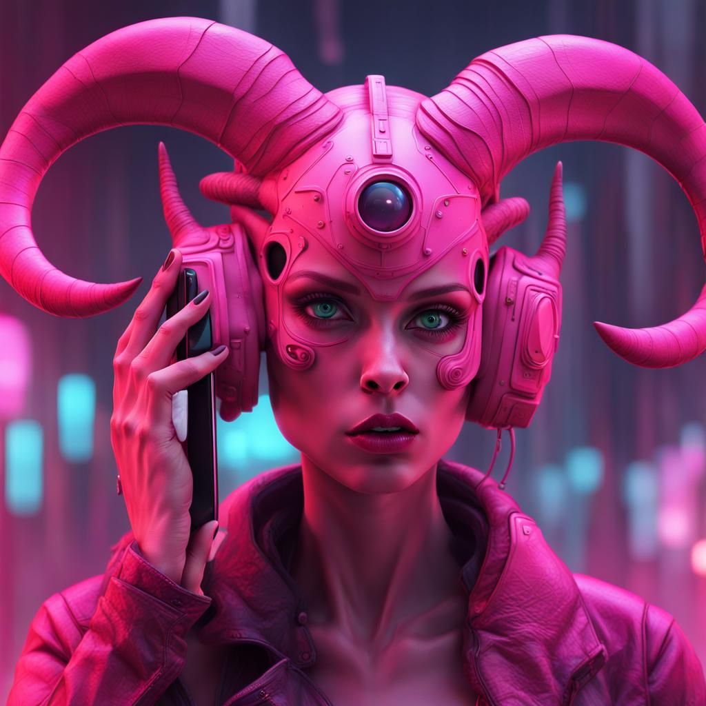 Surreal Cyberpunk Woman Talking on Cellphone
