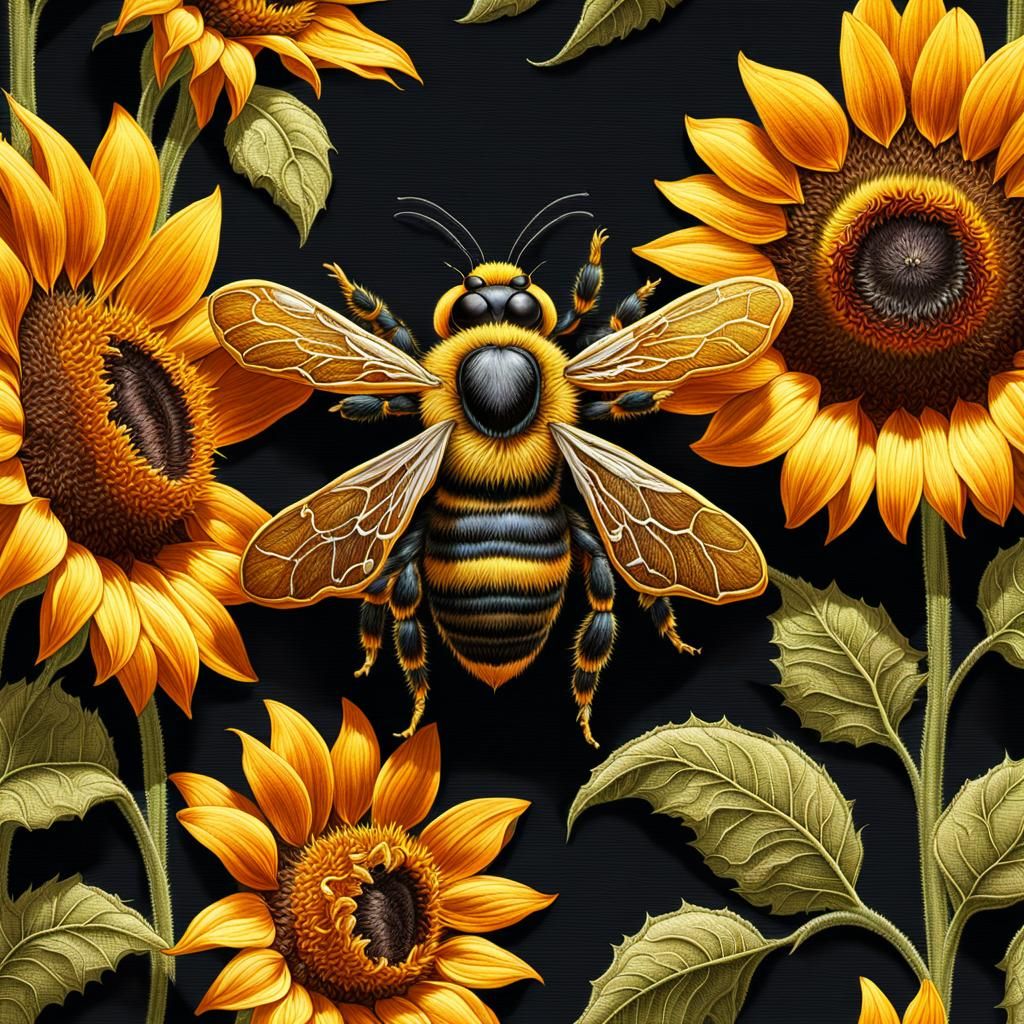 Embroidered Bee on Sunflower Botanical Illustration