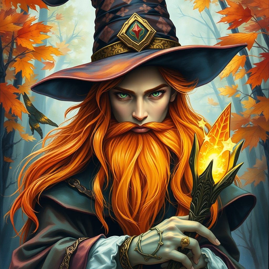 Majestic Wizard in Autumnal Forest, Gouache Style