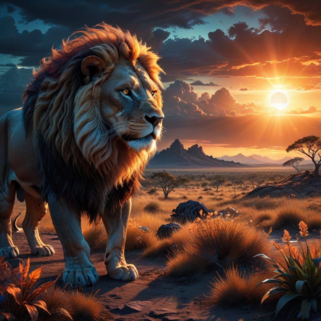 Majestic Lion on Alien Savanna Under Binary Sunset