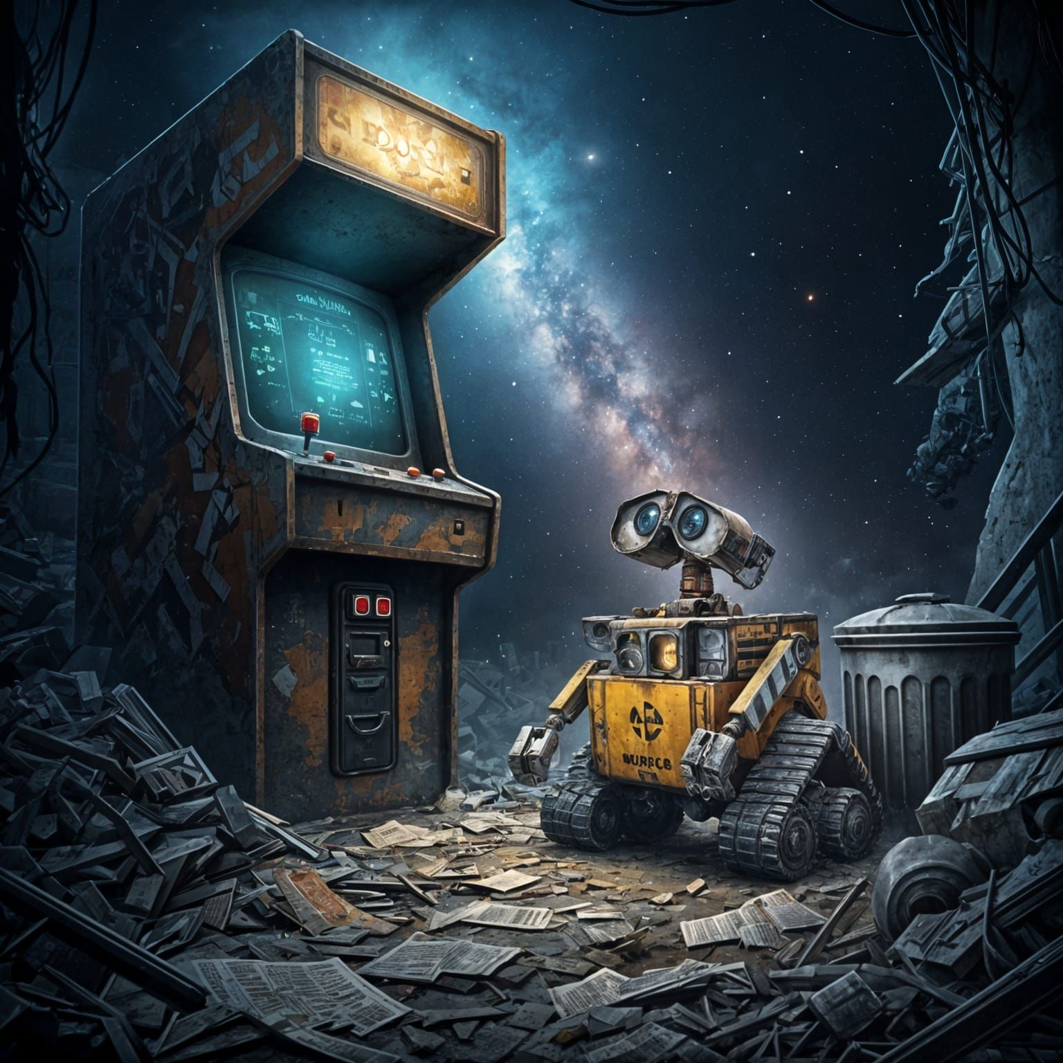 WALL-E Robot Discovers Giant Arcade in Starry Post-Apocalyps...