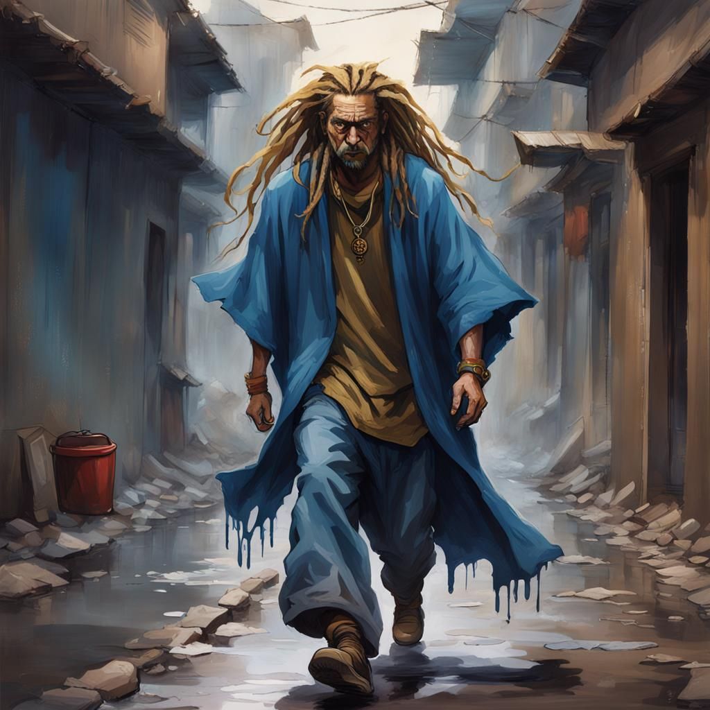 Sinister Portrait of Man with Dreadlocks in Blue Poncho