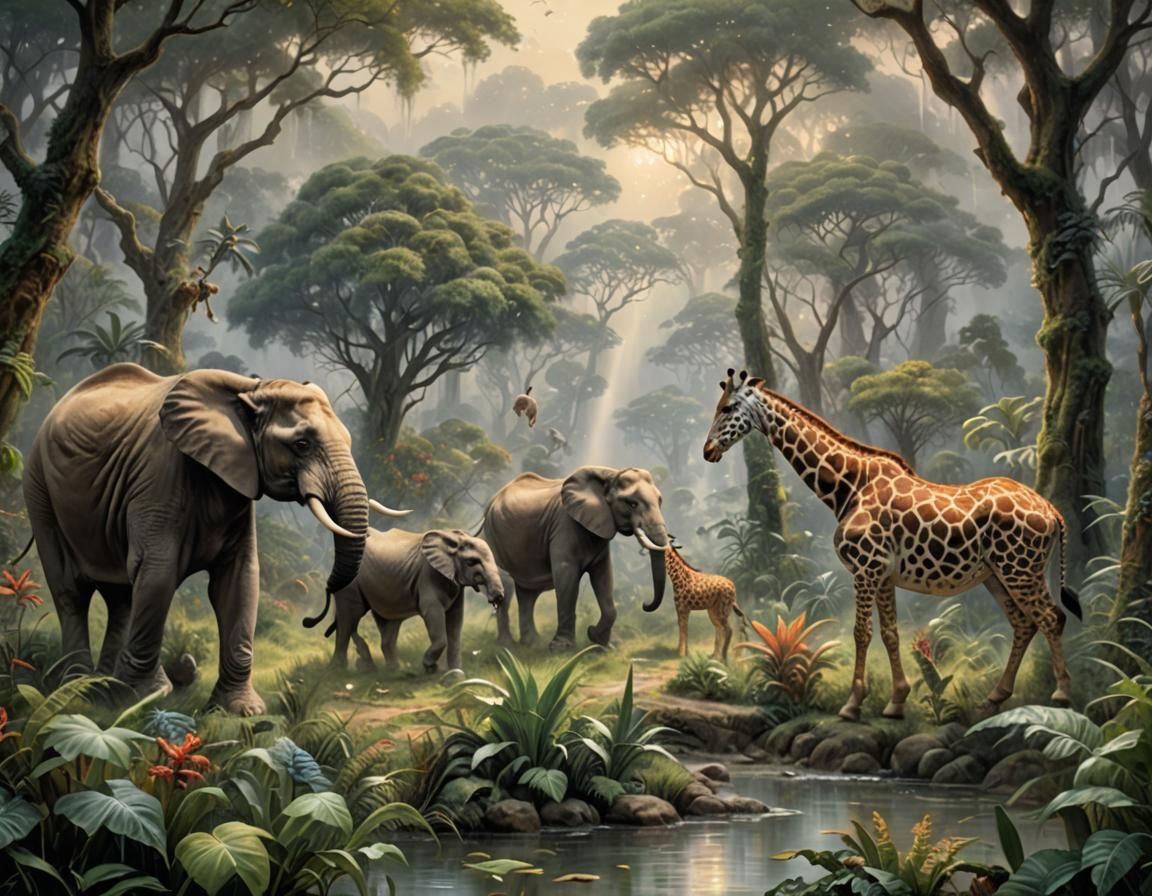 Jungle Animals in Rainy, Ethereal Fantasy Style